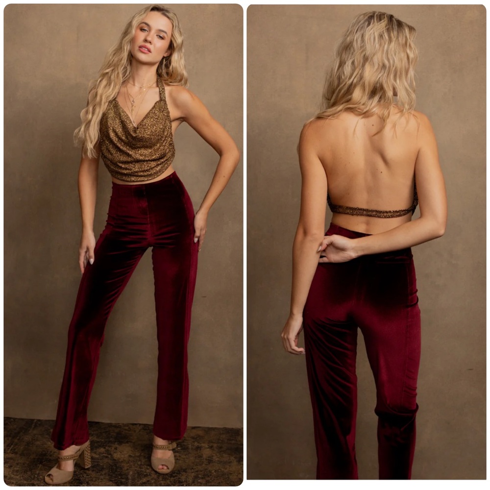 Joyfollie Wine Red Velvet High Rise Pants + Crackled Gold Halter Top Set XS NWT